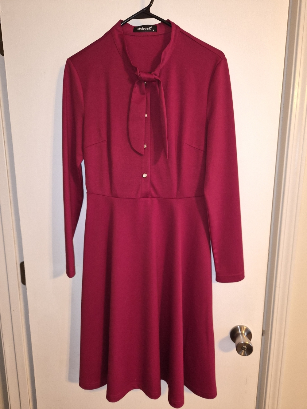 Allegra K Fuchsia Tie-Neck Long Sleeve Fit & Flare Dress